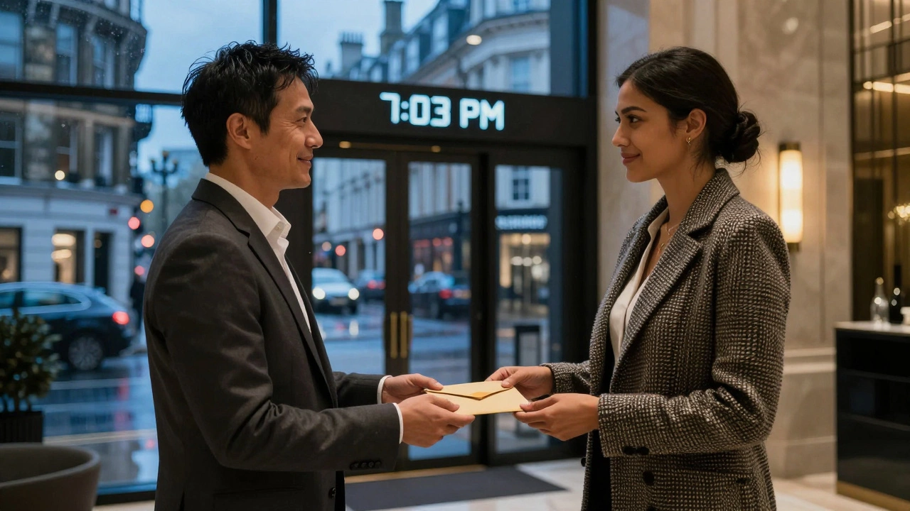 A man and woman exchange a discreet payment in a hotel lobby, maintaining respectful distance at twilight.