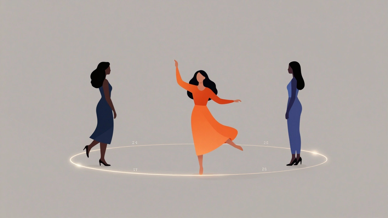 Three stylized female silhouettes rotate in a minimalist space, representing different personalities and options.